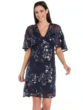 R&M Richards Navy Blue Flutter Sequin Embroidered Floral Cocktail Shift Dress